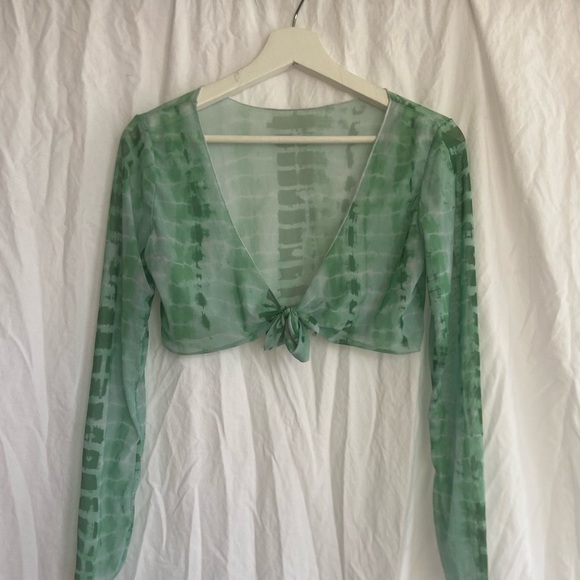 Green Groovy Cropped Tie Dye Long sleeve Top Size Small - Picture 7 of 11